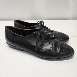 VTG Flamengo Embriodered Black Leather Lace up Oxford Heeled Granny Shoes 7.5 M